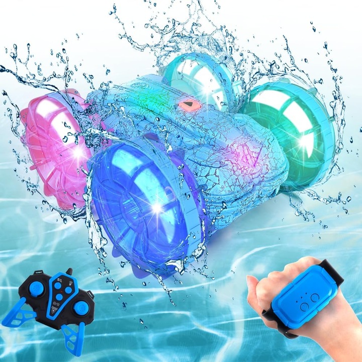 Masinuta amfibie RC Aliex, impermeabila, cu lumini, albastra, cu telecomanda și bratara, 360° rotatii