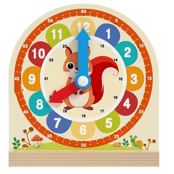 Ceas din lemn cu veverita, JALWO, jucărie educațională, recunoașterea cifrelor, 17x15cm