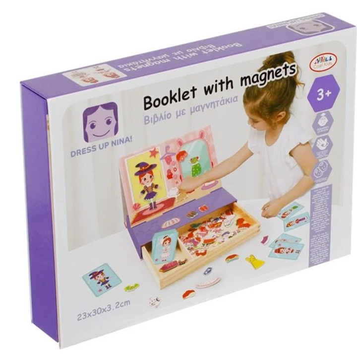 Joc magnetic educativ set "Îmbracă-o pe Nina", lemn, 23x30cm, pentru fete 3+ ani