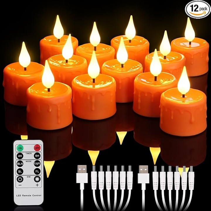 Комплект 12 декоративни LED свещи, Yunsheng, оранжеви, USB презареждащи се, с дистанционно управление, 3D ефект на пламък, 5.5 см