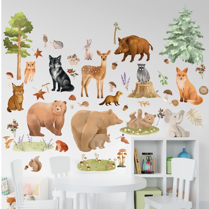 Stickere perete Animale din Padure, 49 stickere, Autocolant Textil Premium, Repozitionabil, Fara PVC