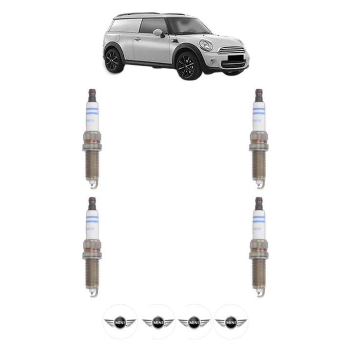 Set 4 Bujii Scanteie MINI MINI CLUBVAN (R55) Cooper 122 CP din 2012 - 2014, bujie motor, Bosch, 4x Stickere auto cu MINI