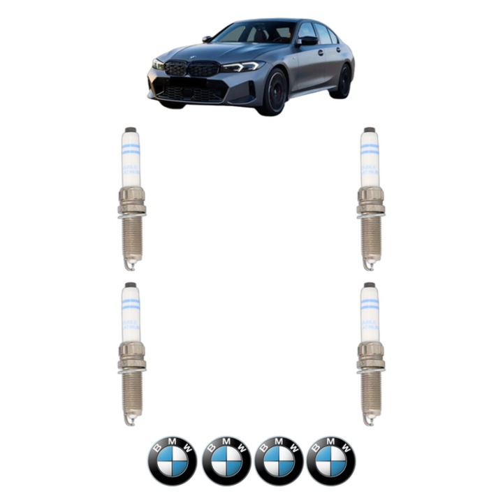 Set 4 Bujii Scanteie BMW Seria 3 (G20, G80, G28) 320 i 1.6 170 CP din 2019, bujie motor, Bosch, 4x Stickere auto cu BMW