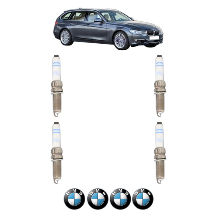 Set 4 Bujii Scanteie BMW Seria 3 Touring (F31) 320 i 184 CP din 2015 - 2019, bujie motor, Bosch, 4x Stickere auto cu BMW