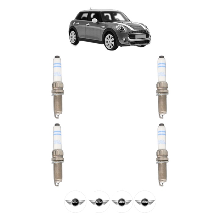 Set 4 Bujii Scanteie MINI MINI (F55) One First 75 CP din 2017, bujie motor, Bosch, 4x Stickere auto cu MINI