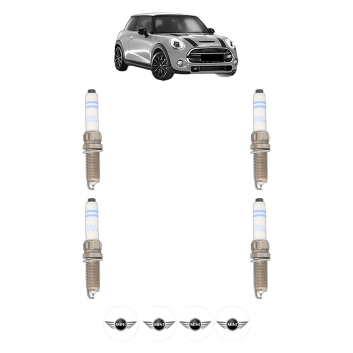 Set 4 Bujii Scanteie MINI MINI (F56) Cooper S 192 CP din 2013, bujie motor, Bosch, 4x Stickere auto cu MINI