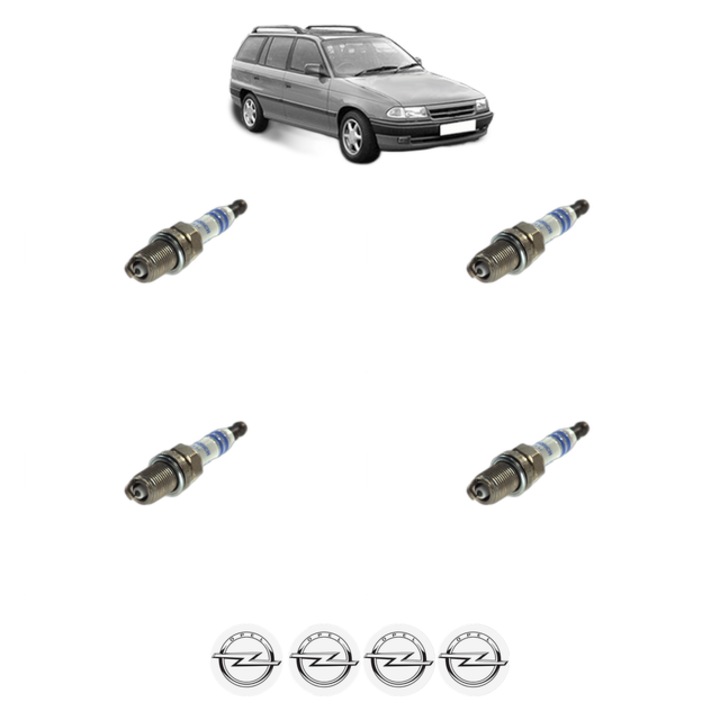 Set 4 Bujii Scanteie OPEL ASTRA F Estate (T92) 1.6 i 16V (F35, M35) 100 CP din 1994 - 1998, bujie motor, Bosch, 4x Stickere auto cu OPEL
