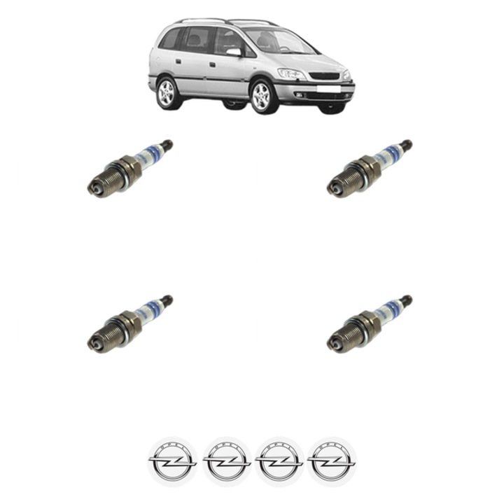 Set 4 Bujii Scanteie OPEL ZAFIRA A MPV (T98) 1.6 16V (F75) 101 CP din 1999 - 2005, bujie motor, Bosch, 4x Stickere auto cu OPEL