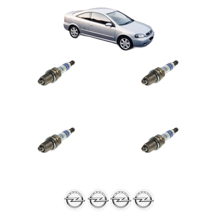 Set 4 Bujii Scanteie OPEL ASTRA G Coupe (T98) 1.6 16V (F07) 103 CP din 2000 - 2005, bujie motor, Bosch, 4x Stickere auto cu OPEL