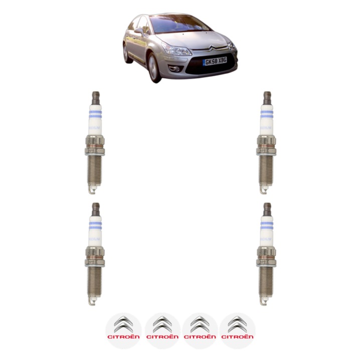Set 4 Bujii Scanteie CITROEN C4 II (NC_) 1.4 VTi 95 (NC8FP0) 95 CP din 2009 - 2015, bujie motor, Bosch, 4x Stickere auto cu CITROEN