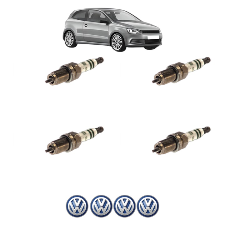 Set 4 Bujii Scanteie Volkswagen POLO V (6R1, 6C1) 1.6 BiFuel 82 CP din 2011 - 2014, bujie motor, Bosch, 4x Stickere auto cu Volkswagen