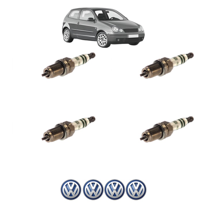 Set 4 Bujii Scanteie Volkswagen POLO IV (9N_, 9A_) 1.6 16V 105 CP din 2006 - 2009, bujie motor, Bosch, 4x Stickere auto cu Volkswagen
