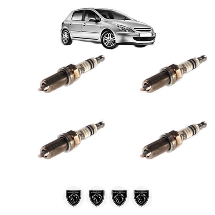 Set 4 Bujii Scanteie PEUGEOT 307 (3A/C) 2.0 16V 140 CP din 2005 - 2007, bujie motor, Bosch, 4x Stickere auto cu PEUGEOT