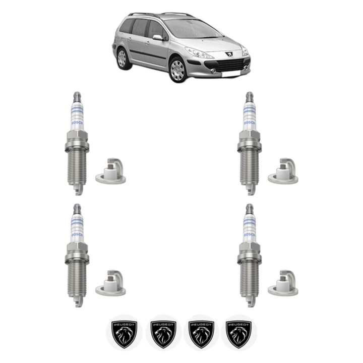 Set 4 Bujii Scanteie PEUGEOT 307 Break (3E) 1.6 16V 109 CP din 2002 - 2008, bujie motor, Bosch, 4x Stickere auto cu PEUGEOT