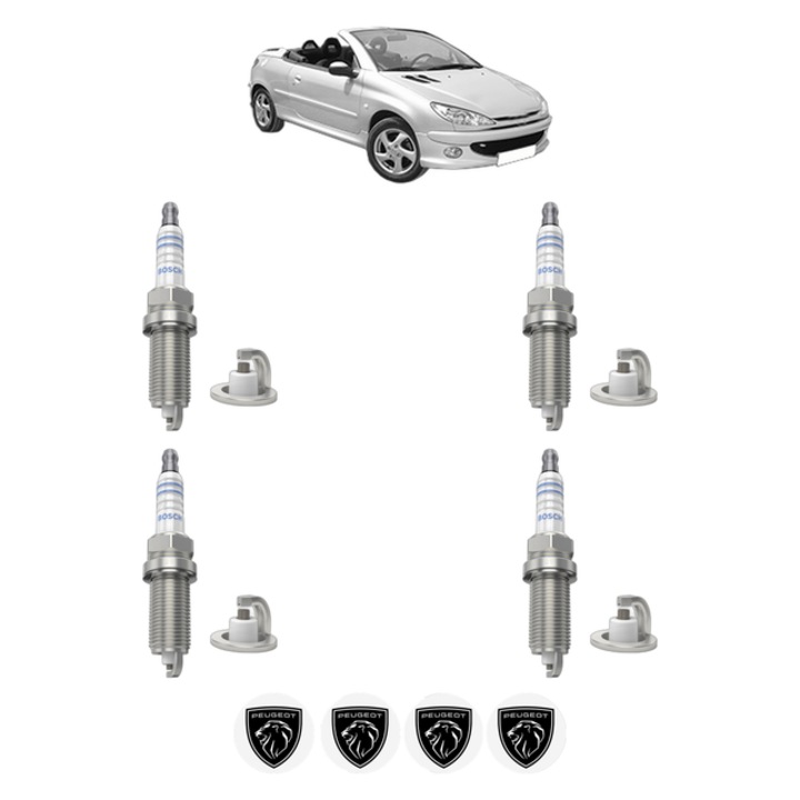 Set 4 Bujii Scanteie PEUGEOT 206 CC (2D) 1.6 16V (2DNFUF, 2DNFUR) 109 CP din 2000 - 2007, bujie motor, Bosch, 4x Stickere auto cu PEUGEOT