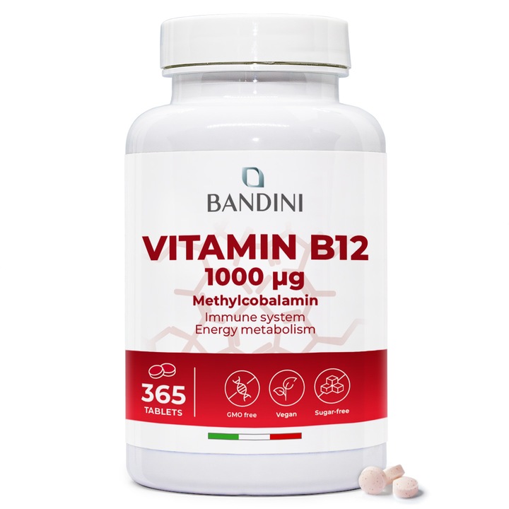 Bandini® Vitamina B12 cu concentratie mare | 365 de comprimate vegane pentru 1 an | 1000 µg/mcg Metilcobalamina VIT B 12 | Crestere de energie, Oboseala, Sustinere a imunitatii | Non-OMG, Testat in laborator