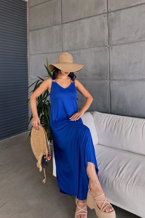 Rochie midi JANES, asimetrica, fara maneci, decolteu in V, albastru, bumbac/poliester/elastan