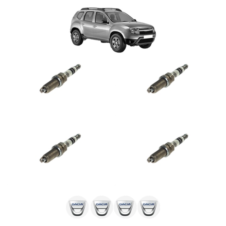 Set 4 Bujii Scanteie DACIA DUSTER (HS_) 1.6 SCe 115 LPG 115 CP din 2015 - 2018, bujie motor, Bosch, 4x Stickere auto cu DACIA