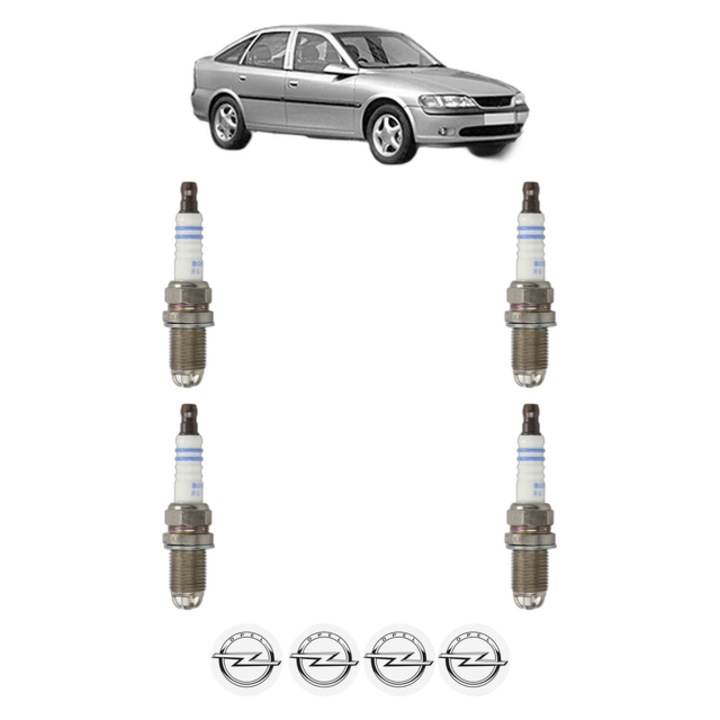 Set 4 Bujii Scanteie OPEL VECTRA B Hatchback (J96) 1.6 i 16V (F68) 101 CP din 1995 - 2002, bujie motor, Bosch, 4x Stickere auto cu OPEL