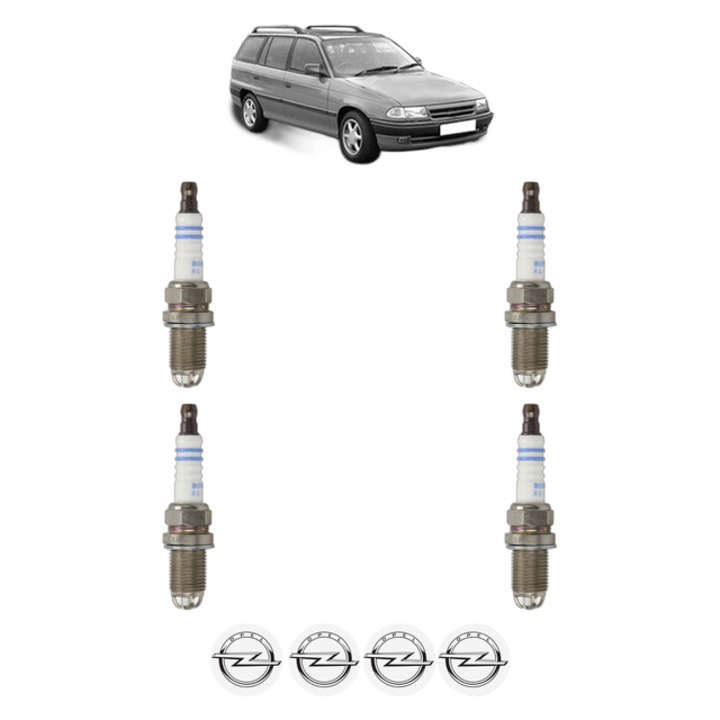 Set 4 Bujii Scanteie OPEL ASTRA F Estate (T92) 1.6 i 16V (F35, M35) 100 CP din 1994 - 1998, bujie motor, Bosch, 4x Stickere auto cu OPEL