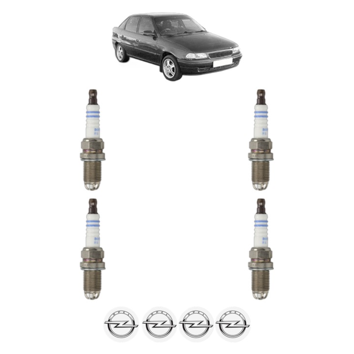 Set 4 Bujii Scanteie OPEL ASTRA F CLASSIC Saloon (T92) 1.6 i 16V (F19, M19) 101 CP din 1998 - 2002, bujie motor, Bosch, 4x Stickere auto cu OPEL
