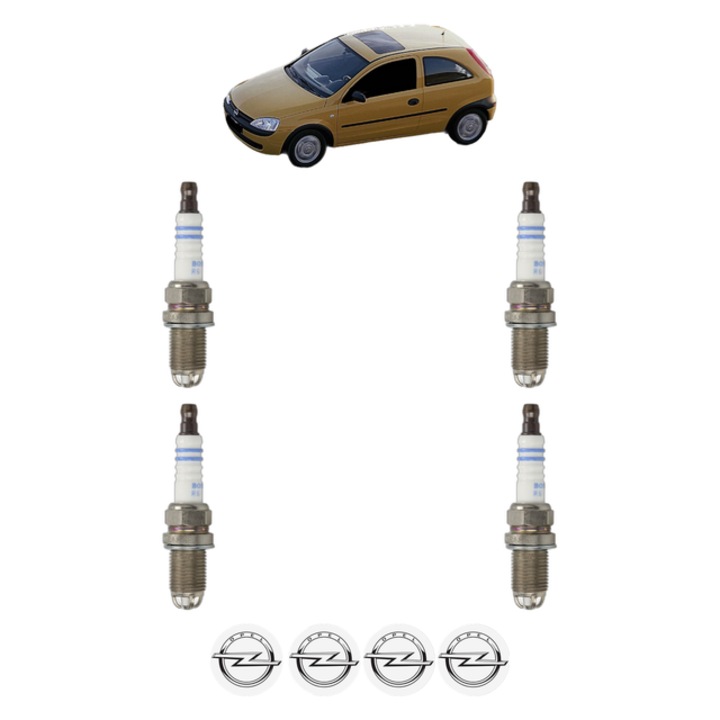 Set 4 Bujii Scanteie OPEL CORSA C (X01) 1.0 (F08, F68) 58 CP din 2000 - 2003, bujie motor, Bosch, 4x Stickere auto cu OPEL