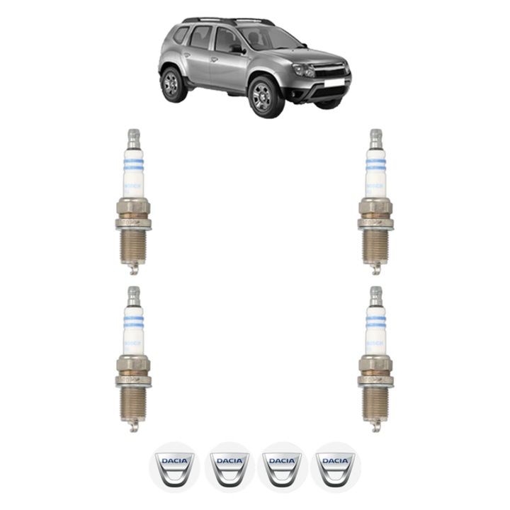 Set 4 Bujii Scanteie DACIA DUSTER (HS_) 1.6 16V 4x4 105 CP din 2010 - 2018, bujie motor, Bosch, 4x Stickere auto cu DACIA