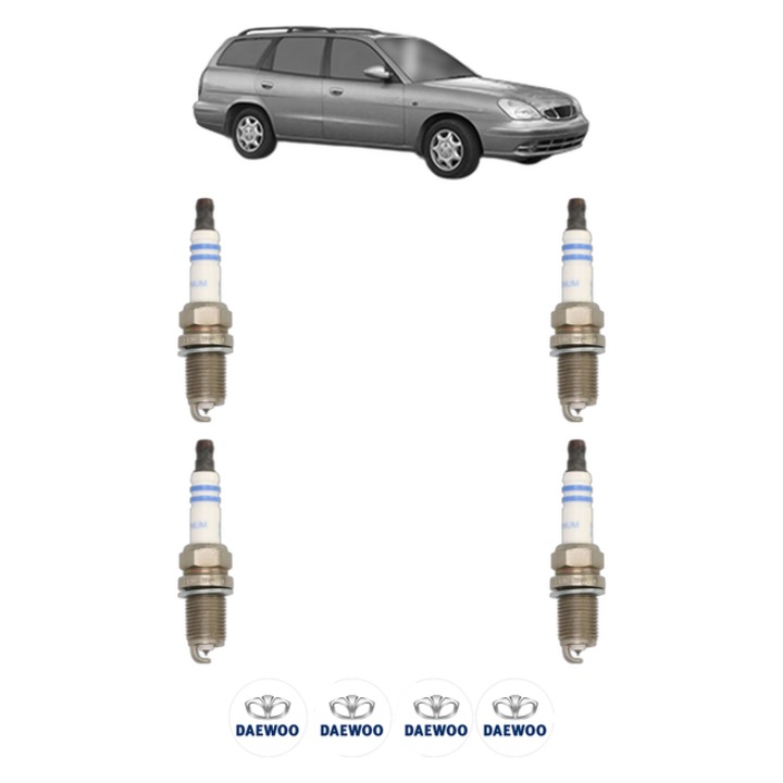 Set 4 Bujii Scanteie DAEWOO NUBIRA Estate (J150) 1.6 16V 106 CP din 1999 - 2002, bujie motor, Bosch, 4x Stickere auto cu DAEWOO