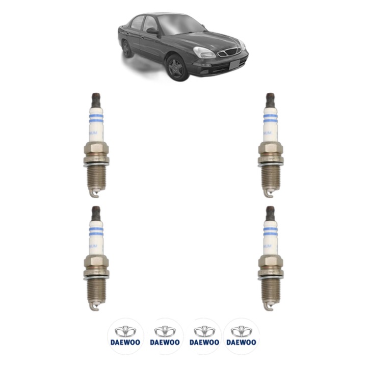 Set 4 Bujii Scanteie DAEWOO NUBIRA Saloon (J150) 1.6 16V 106 CP din 1999 - 2002, bujie motor, Bosch, 4x Stickere auto cu DAEWOO