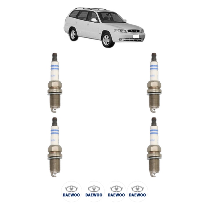 Set 4 Bujii Scanteie DAEWOO NUBIRA (J100) 1.6 16V 106 CP din 1997 - 1999, bujie motor, Bosch, 4x Stickere auto cu DAEWOO