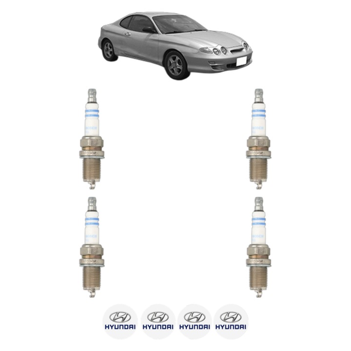 Set 4 Bujii Scanteie HYUNDAI COUPE I (RD) 1.6 16V 116 CP din 1998 - 2002, bujie motor, Bosch, 4x Stickere auto cu HYUNDAI