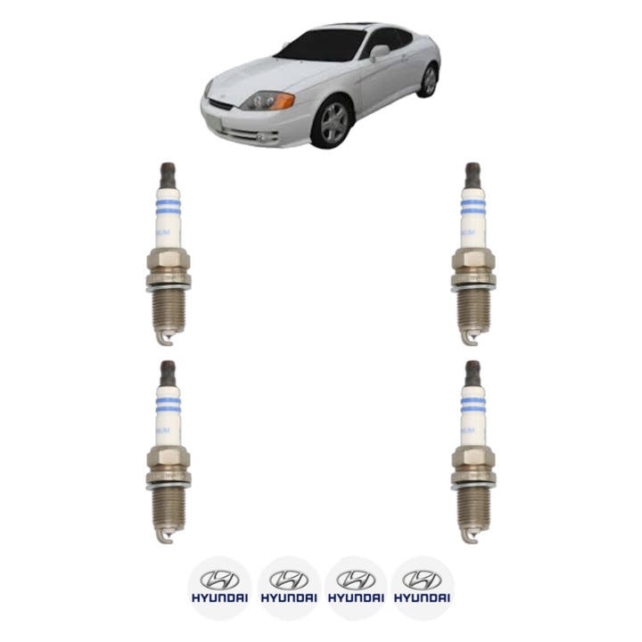 Set 4 Bujii Scanteie HYUNDAI COUPE II (GK) 1.6 16V 107 CP din 2002 - 2009, bujie motor, Bosch, 4x Stickere auto cu HYUNDAI