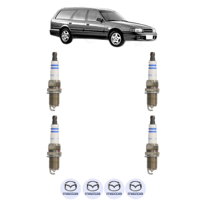 Set 4 Bujii Scanteie MAZDA 626 IV Hatchback (GE) 1.8 (GE8P) 101 CP din 1993 - 1996, bujie motor, Bosch, 4x Stickere auto cu MAZDA