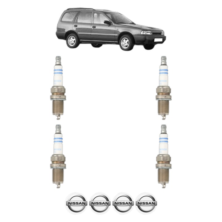 Set 4 Bujii Scanteie NISSAN SUNNY III Traveller (Y10) 1.6 i 16V 4x4 102 CP din 1992 - 2000, bujie motor, Bosch, 4x Stickere auto cu NISSAN