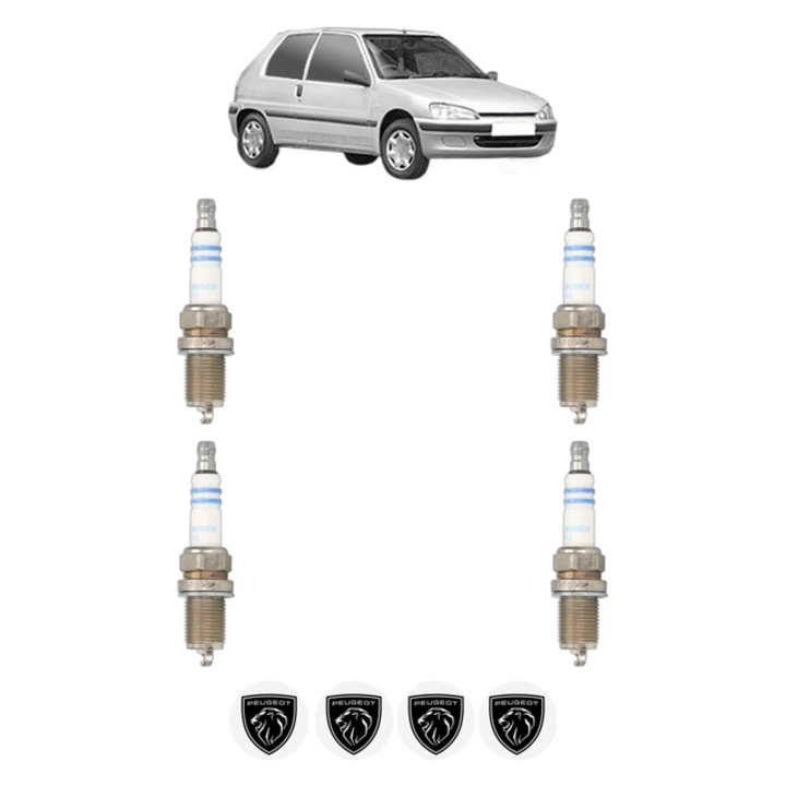 Set 4 Bujii Scanteie PEUGEOT 106 II (1A_, 1C_) 1.6 S16 118 CP din 1996 - 2004, bujie motor, Bosch, 4x Stickere auto cu PEUGEOT