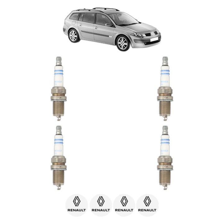 Set 4 Bujii Scanteie RENAULT MEGANE II Estate (KM0/1_) 1.6 16V 112 CP din 2006 - 2009, bujie motor, Bosch, 4x Stickere auto cu RENAULT