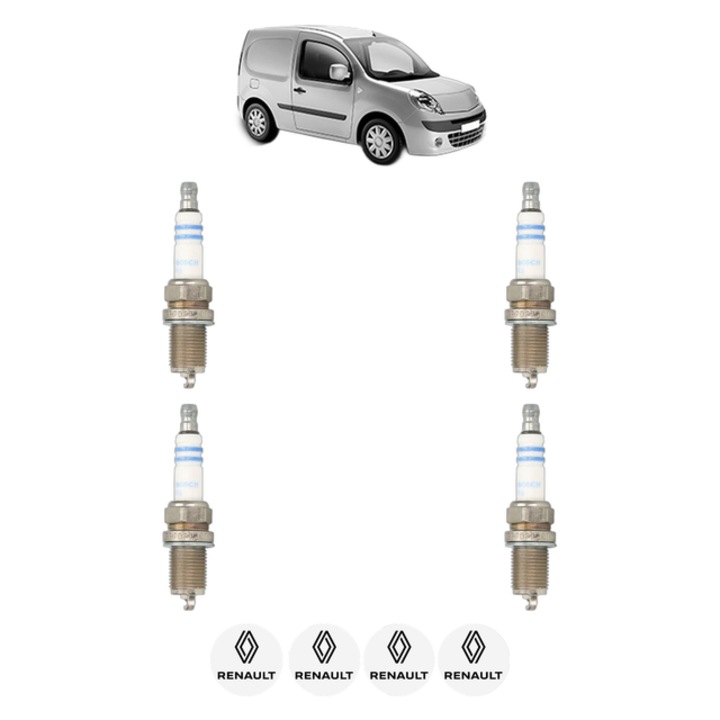 Set 4 Bujii Scanteie RENAULT KANGOO Express (FW0/1_) 1.6 16V LPG (FW03, FW09, FW0W) 106 CP din 2008, bujie motor, Bosch, 4x Stickere auto cu RENAULT