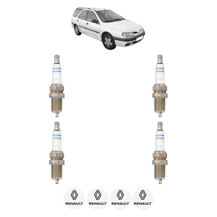 Set 4 Bujii Scanteie RENAULT LAGUNA I Grandtour (K56_) 3.0 (K56R, K565) 167 CP din 1996 - 2001, bujie motor, Bosch, 4x Stickere auto cu RENAULT