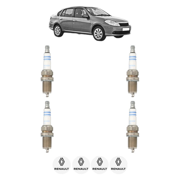 Set 4 Bujii Scanteie RENAULT THALIA II (LU_) 1.6 16V (LU1A, LU1B, LU1D, LU2M) 107 CP din 2009 - 2014, bujie motor, Bosch, 4x Stickere auto cu RENAULT