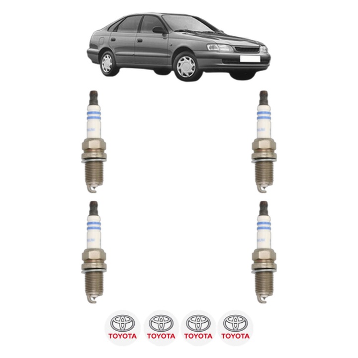 Set 4 Bujii Scanteie TOYOTA CARINA E VI (_T19_) 1.6 16V (AT190_, AT190R) 106 CP din 1995 - 1997, bujie motor, Bosch, 4x Stickere auto cu TOYOTA