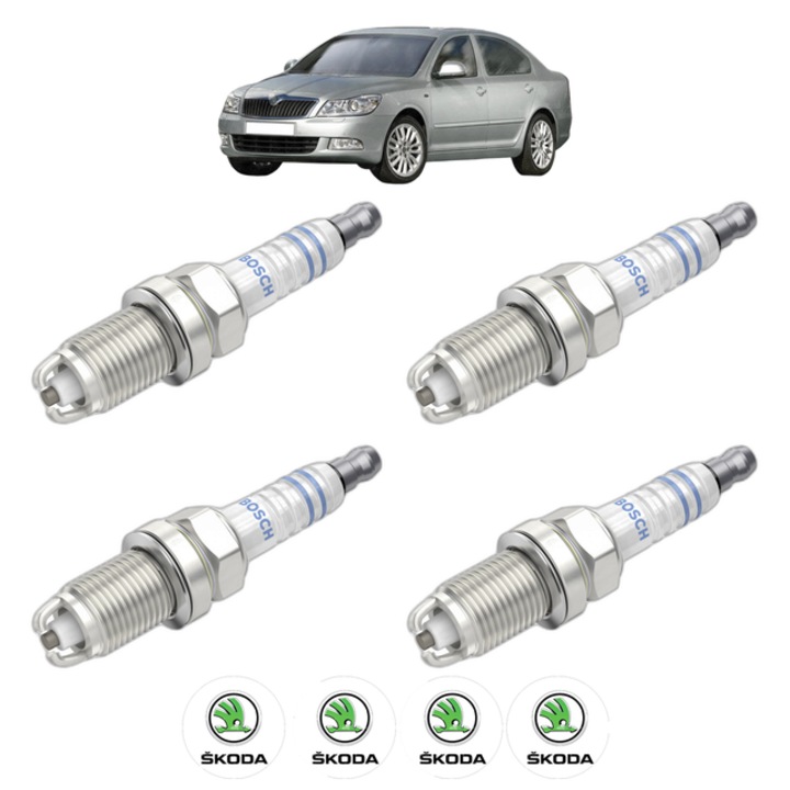 Set 4 Bujii Scanteie SKODA OCTAVIA II (1Z3) 1.6 102 CP din 2004 - 2013, bujie motor, Bosch, 4x Stickere auto cu SKODA