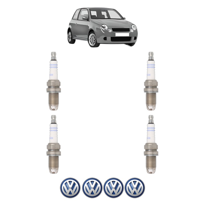 Set 4 Bujii Scanteie Volkswagen LUPO I (6X1, 6E1) 1.4 16V 75 CP din 1998 - 2005, bujie motor, Bosch, 4x Stickere auto cu Volkswagen