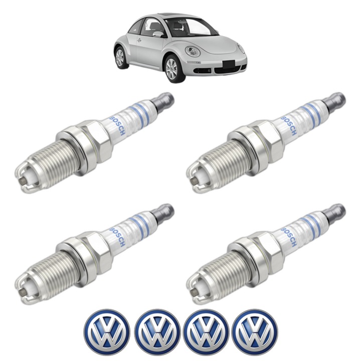Set 4 Bujii Scanteie Volkswagen NEW BEETLE (9C1, 1C1) 1.6 100 CP din 1999 - 2000, bujie motor, Bosch, 4x Stickere auto cu Volkswagen