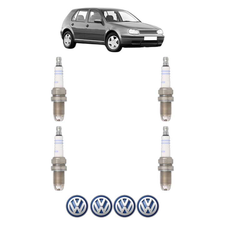 Set 4 Bujii Scanteie Volkswagen GOLF IV (1J1) 1.4 16V 75 CP din 1997 - 2004, bujie motor, Bosch, 4x Stickere auto cu Volkswagen