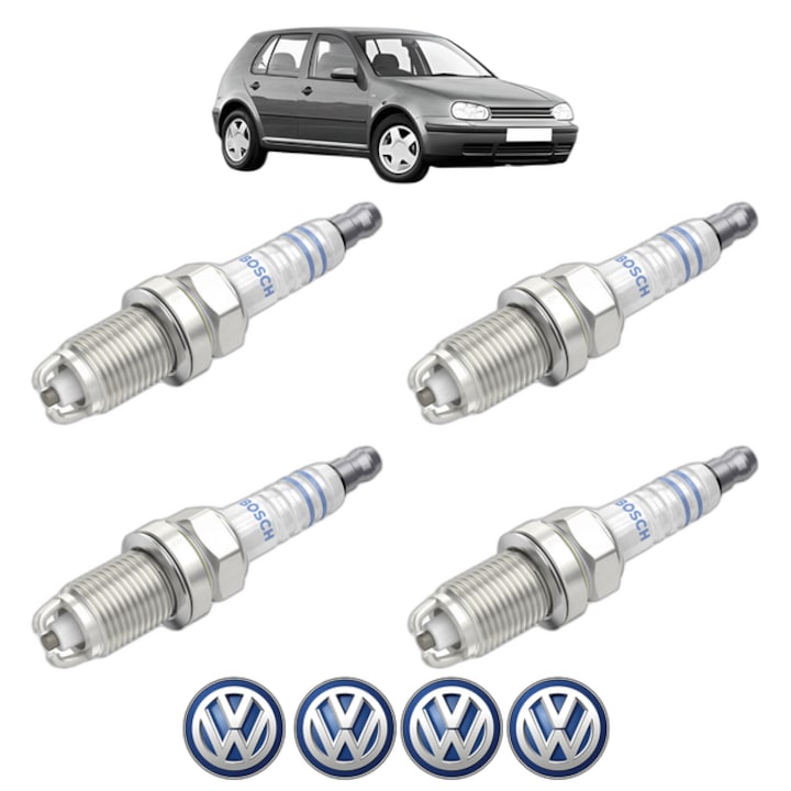 Set 4 Bujii Scanteie Volkswagen GOLF IV (1J1) 1.6 16V 105 CP din 2000 - 2005, bujie motor, Bosch, 4x Stickere auto cu Volkswagen