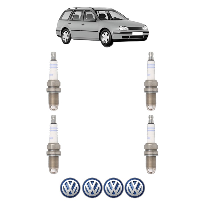 Set 4 Bujii Scanteie Volkswagen GOLF IV Variant (1J5) 1.6 16V 105 CP din 2000 - 2006, bujie motor, Bosch, 4x Stickere auto cu Volkswagen