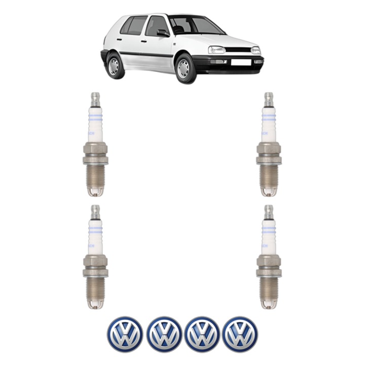 Set 4 Bujii Scanteie Volkswagen GOLF III (1H1) 2.0 GTI 16V 150 CP din 1992 - 1997, bujie motor, Bosch, 4x Stickere auto cu Volkswagen