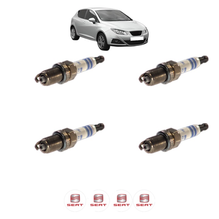 Set 4 Bujii Scanteie SEAT IBIZA IV (6J5, 6P1) 1.6 105 CP din 2008 - 2012, bujie motor, Bosch, 4x Stickere auto cu SEAT