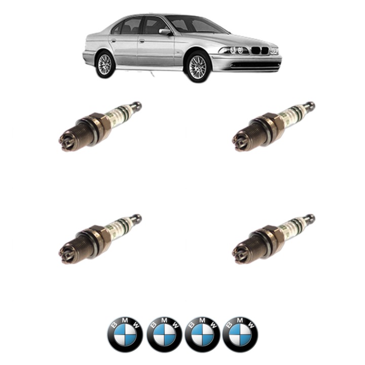 Set 4 Bujii Scanteie BMW Seria 5 (E39) 520 i 150 CP din 1996 - 2003, bujie motor, Bosch, 4x Stickere auto cu BMW
