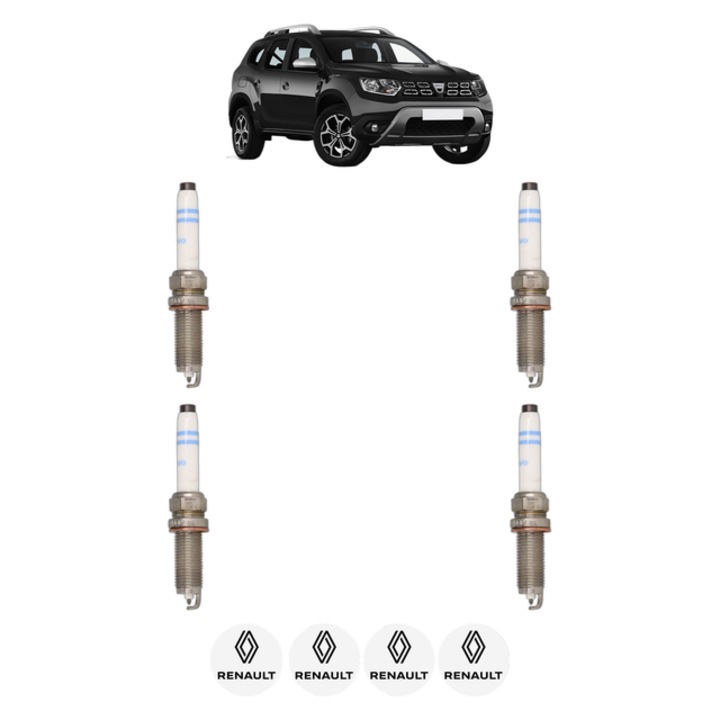 Set 4 Bujii Scanteie RENAULT DUSTER (HM_) 1.3 TCe 150 4x4 (HMM3, HMMC) 150 CP din 2021 - 2024, bujie motor, Bosch, 4x Stickere auto cu RENAULT